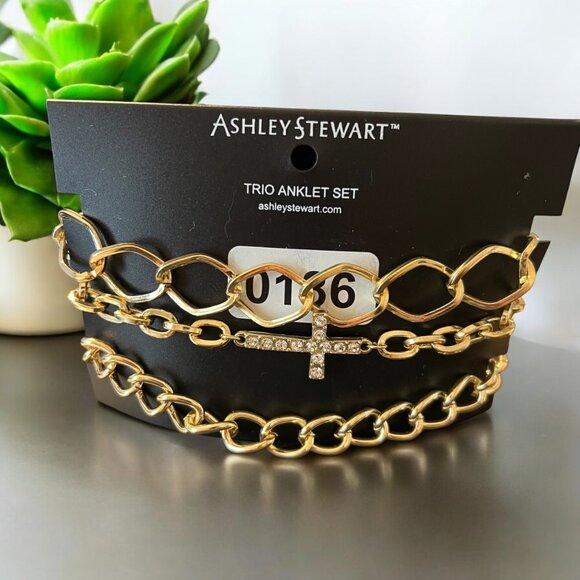 Ashley Stewart Trio Anklet Set  Gold-Tone Chains & Rhinestone Cross Festival - Picture 1 of 5